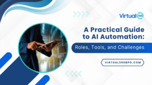 V360 Article cover of A Practical Guide to AI Automation Roles, Tools, and Challenges with a person using an AI tool for business