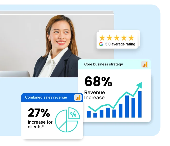 A smiling businesswoman next to graphic overlays showing revenue growth metrics and star ratings.