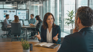 Outsourcing for coaches and consultants meeting with a dedicated virtual support team discussing marketing strategy, client management, and business growth in a modern office