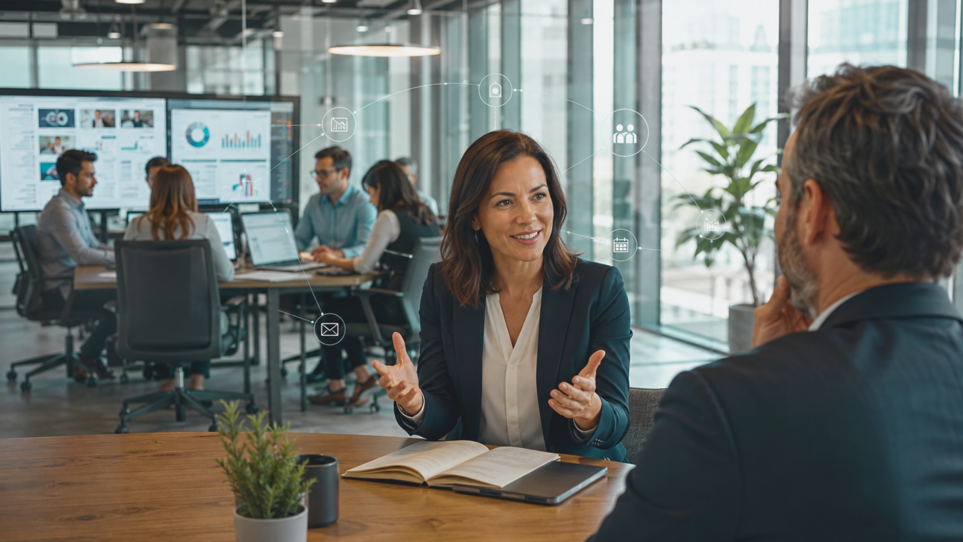 Outsourcing for coaches and consultants meeting with a dedicated virtual support team discussing marketing strategy, client management, and business growth in a modern office