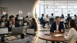 Split screen comparing a stressed worker in a cluttered workspace with a organized team meeting for virtual agency vs traditional agency