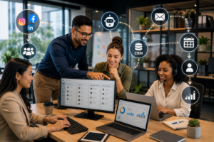 A-team-reviewing-digital-dashboard-strategy-for-social-media-management-for-coaches-on-office-computers-