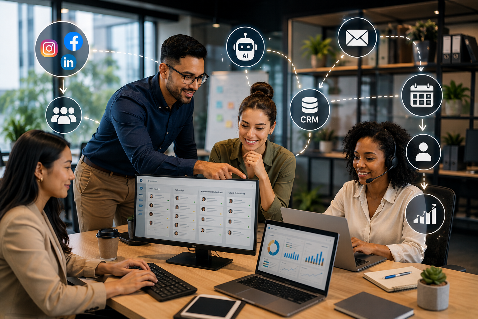 A team reviewing digital dashboard strategy for social media management for coaches on office computers.