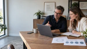 A male business coach explains laptop content to a female client at a conference desk.