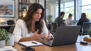 Coach discussing social media management on a laptop in a modern office.