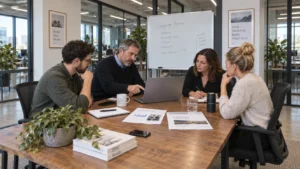 A corporate marketing team reviews a campaign strategy on a laptop in a conference room.