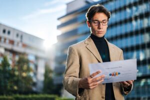 Man in glasses and a tan blazer reads a printed page outside glass office buildings.