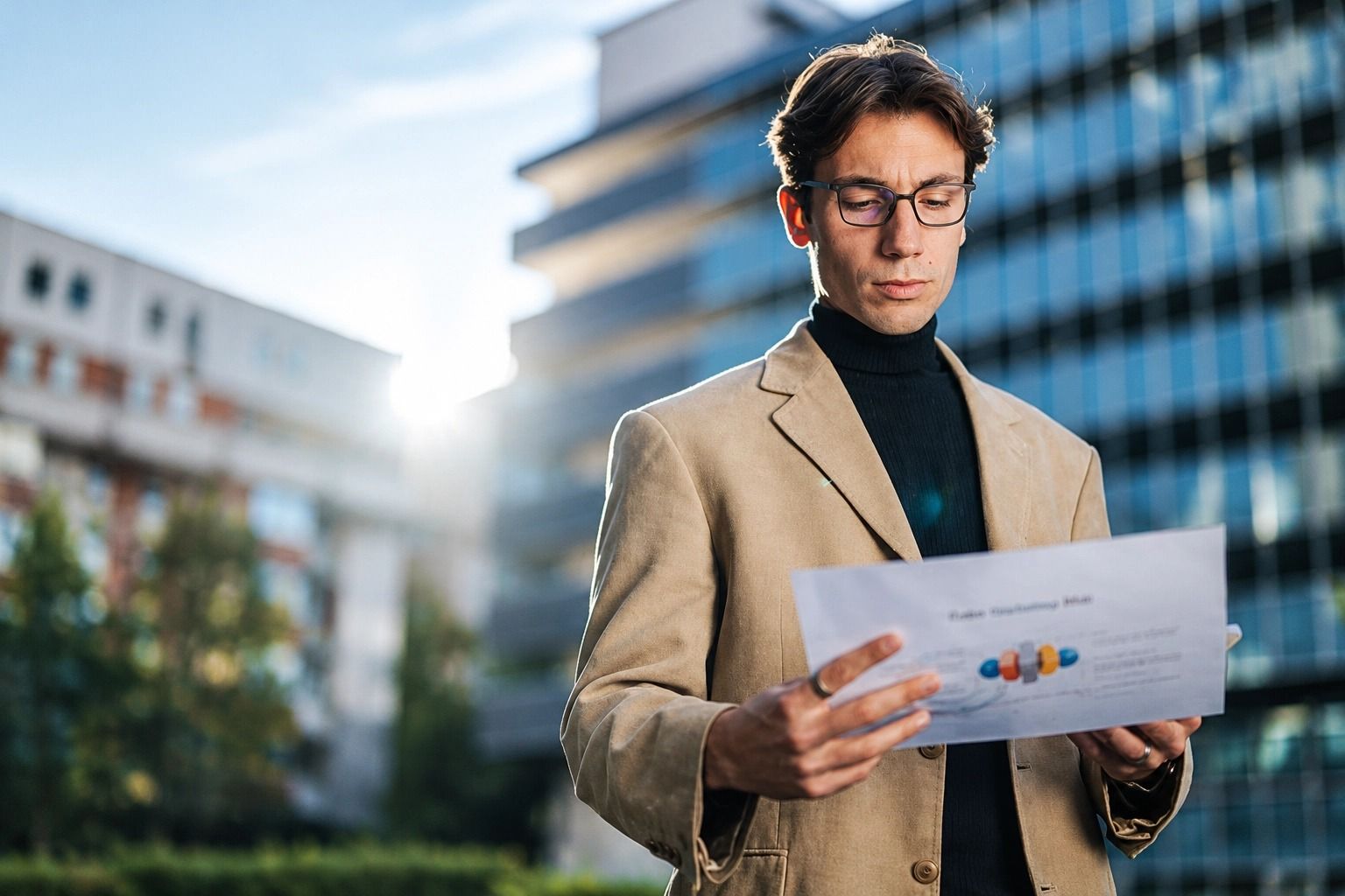 Man in glasses and a tan blazer reads a printed page outside glass office buildings.