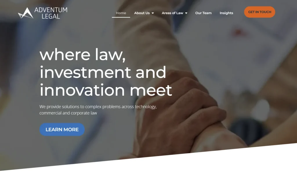 Website hero section layout designed by Virtual360 for Adventum Legal corporate law firm.
