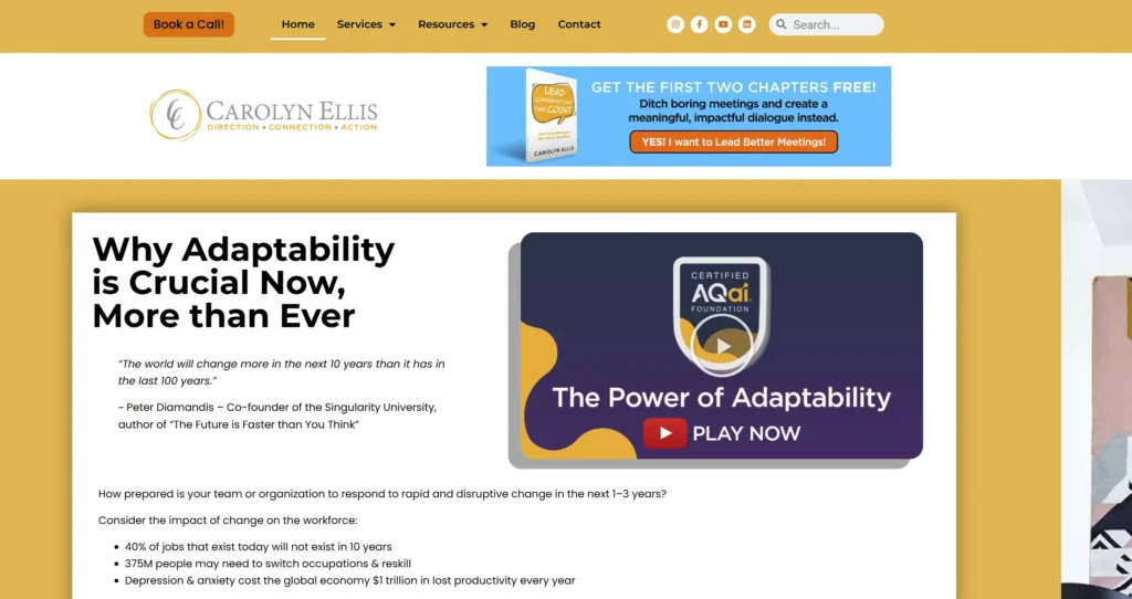 Resource landing page layout designed by Virtual360 for Carolyn Ellis leadership coaching.