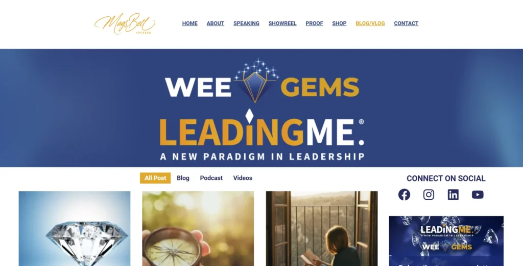 Blog banner and homepage layout designed by Virtual360 for Mags Bell Speaker and Leading Me.