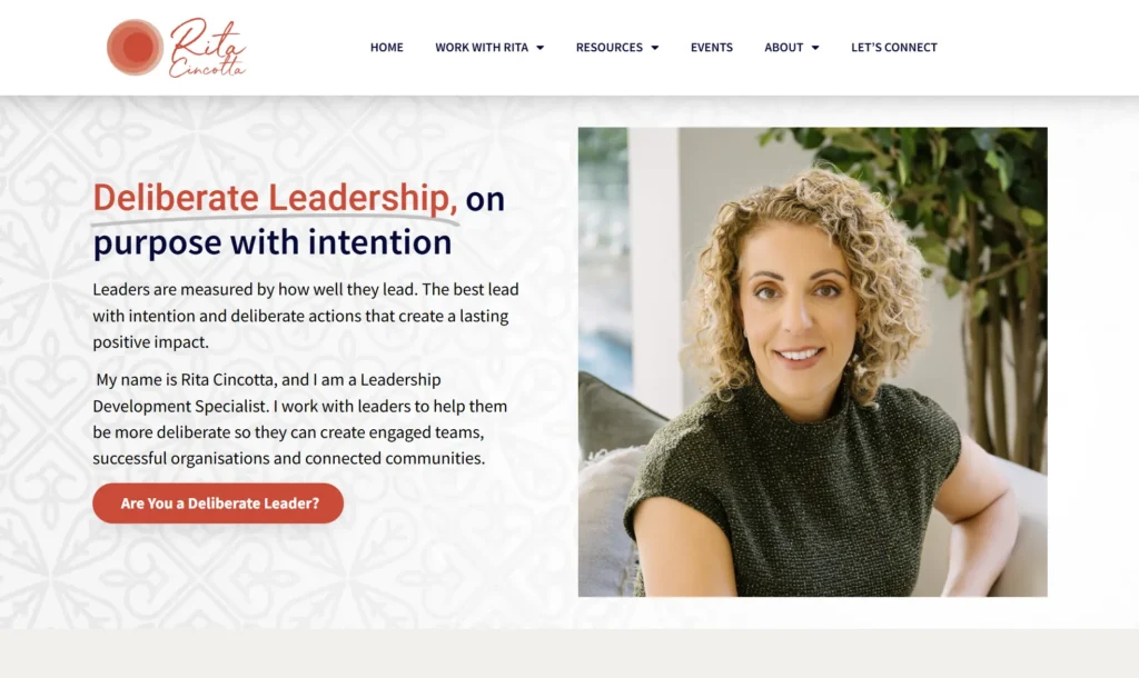 Website homepage layout designed by Virtual360 for Rita Cincotta Leadership Development.